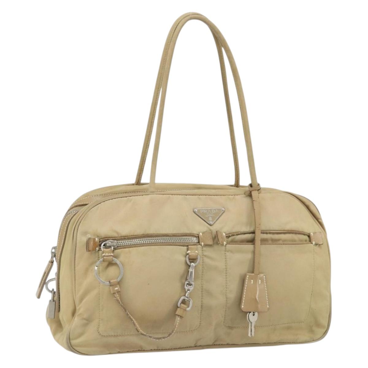 PRADA Hand Bag Nylon Beige Silver Auth 166752