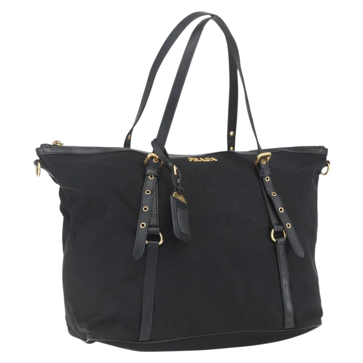 PRADA Tote Bag Nylon Black Gold Auth 166756