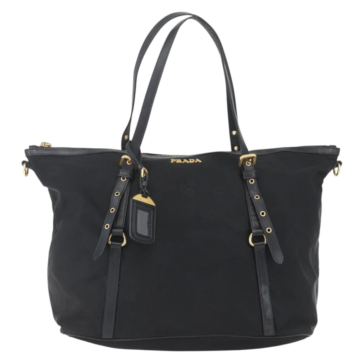 PRADA Tote Bag Nylon Black Gold Auth 166756