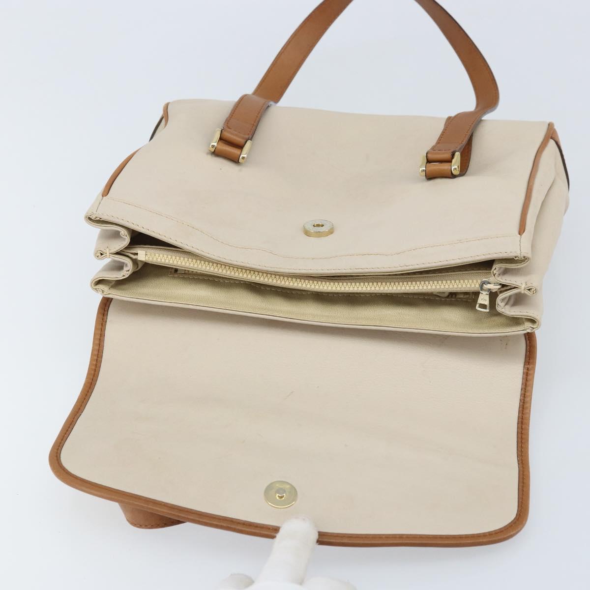 CELINE Hand Bag Leather White Gold Auth 166779