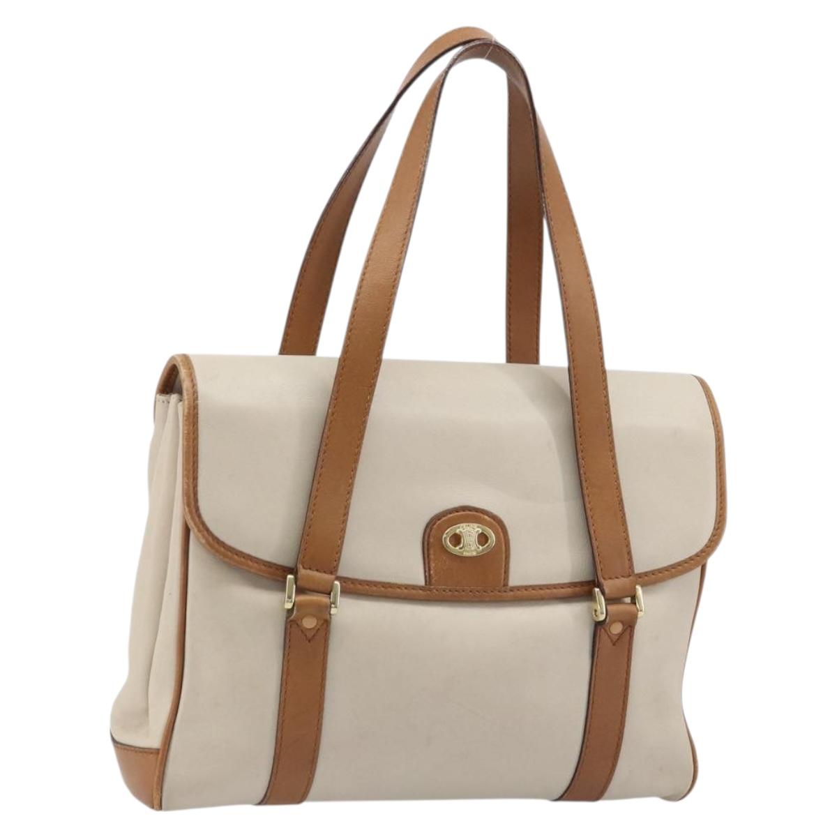 CELINE Hand Bag Leather White Gold Auth 166779