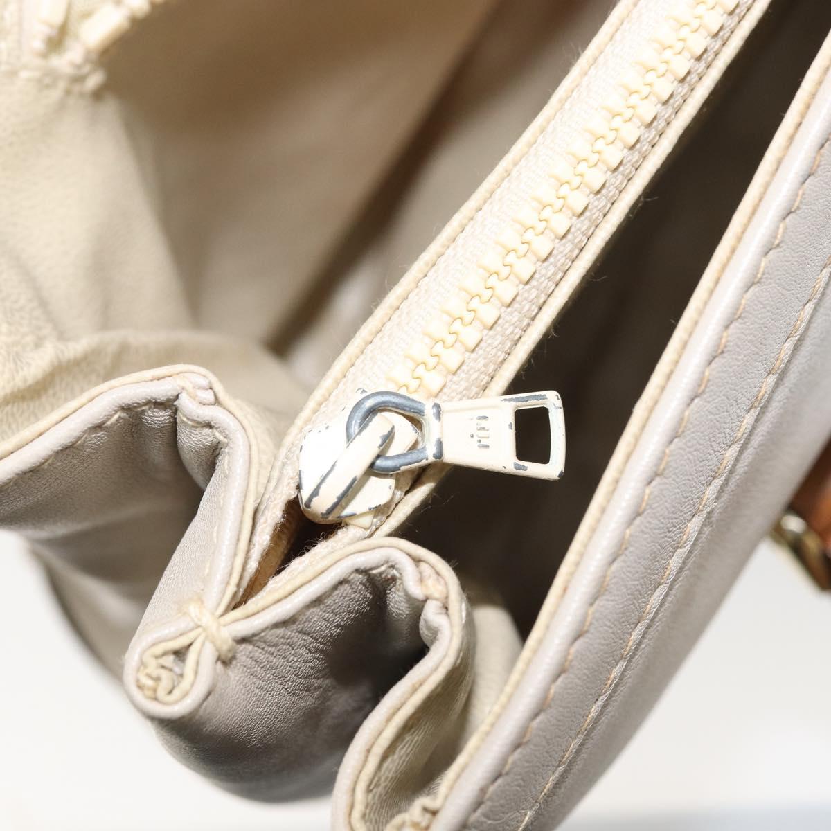 CELINE Hand Bag Leather White Gold Auth 166779