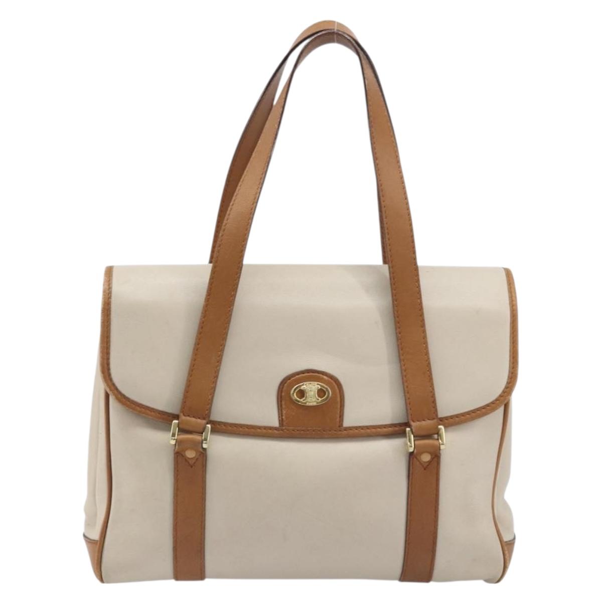 CELINE Hand Bag Leather White Gold Auth 166779