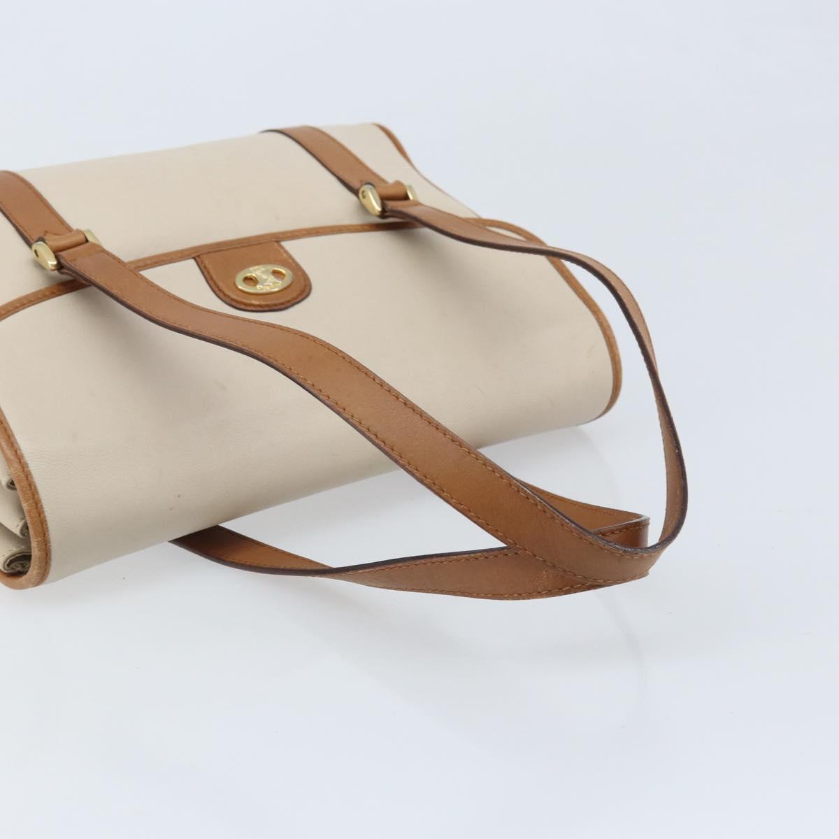 CELINE Hand Bag Leather White Gold Auth 166779