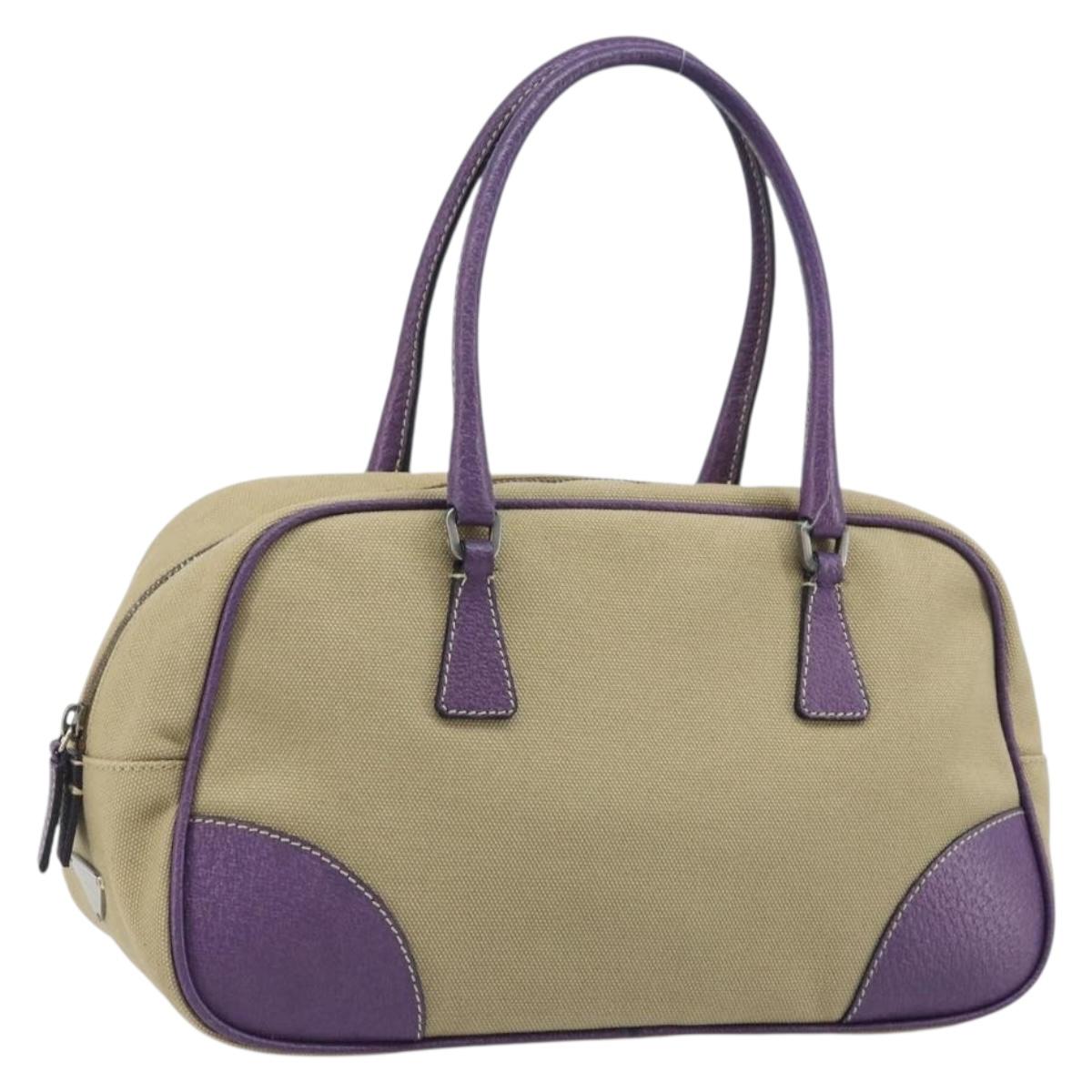 PRADA Hand Bag Canvas Beige Silver Auth 166793