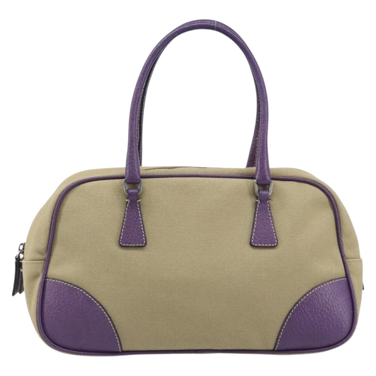 PRADA Hand Bag Canvas Beige Silver Auth 166793