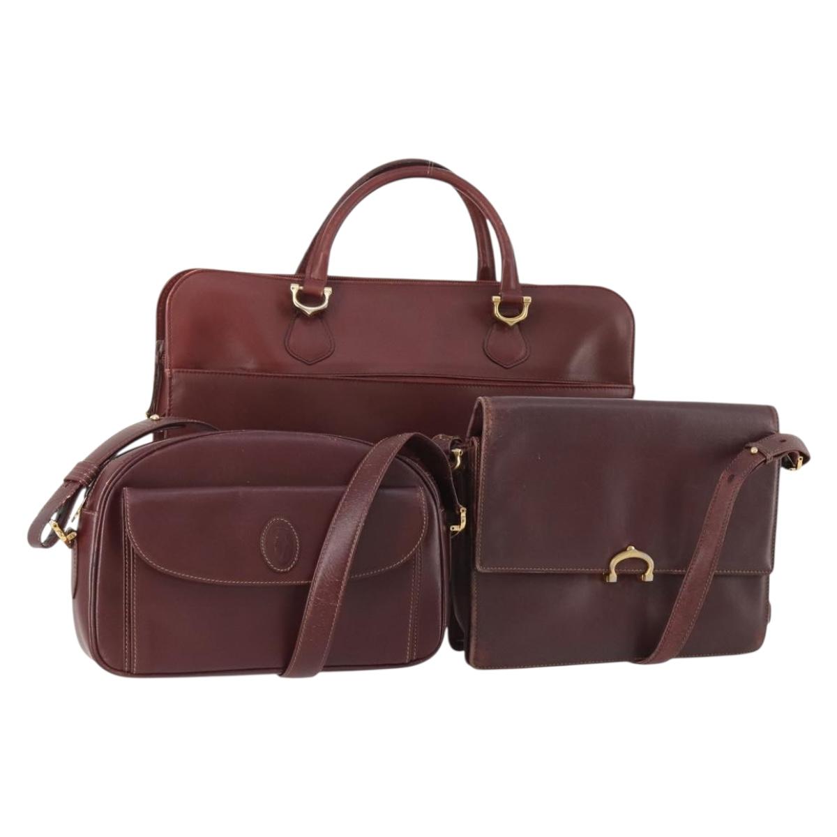 CARTIER Must Line Shoulder Bag Leather 3 Set Bordeaux Gold Auth 166800