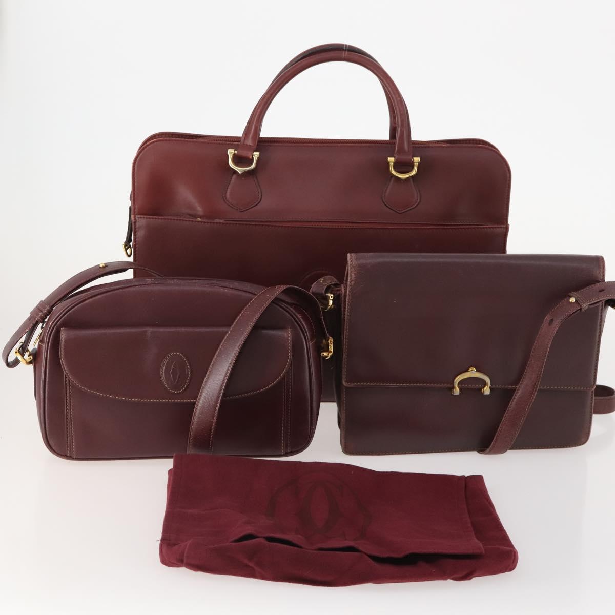 CARTIER Must Line Shoulder Bag Leather 3 Set Bordeaux Gold Auth 166800