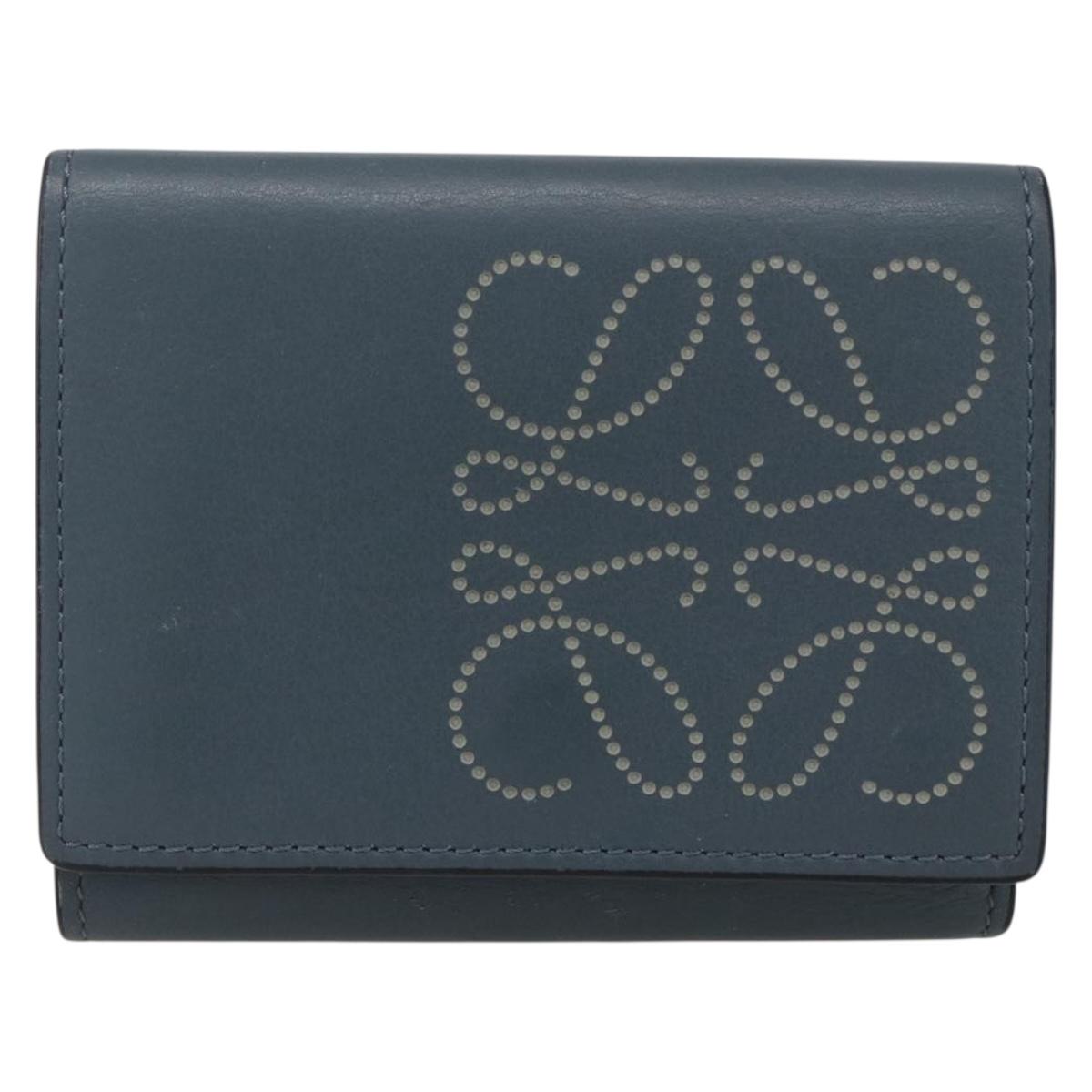 LOEWE Anagram Wallet Leather Blue Silver Auth 166820