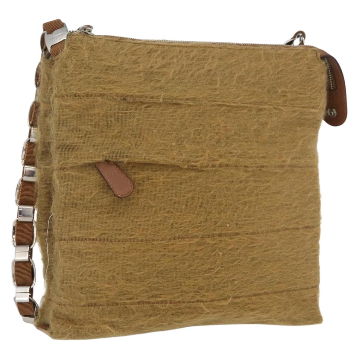 Salvatore Ferragamo Shoulder Bag Silk Cotton Khaki Silver Auth 166824