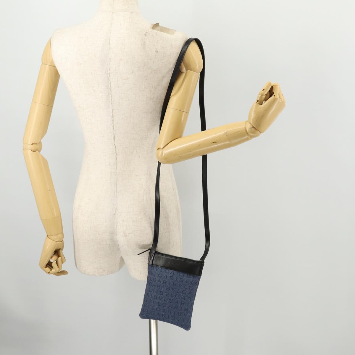BVLGARI Shoulder Bag Denim Blue Silver Auth 166825