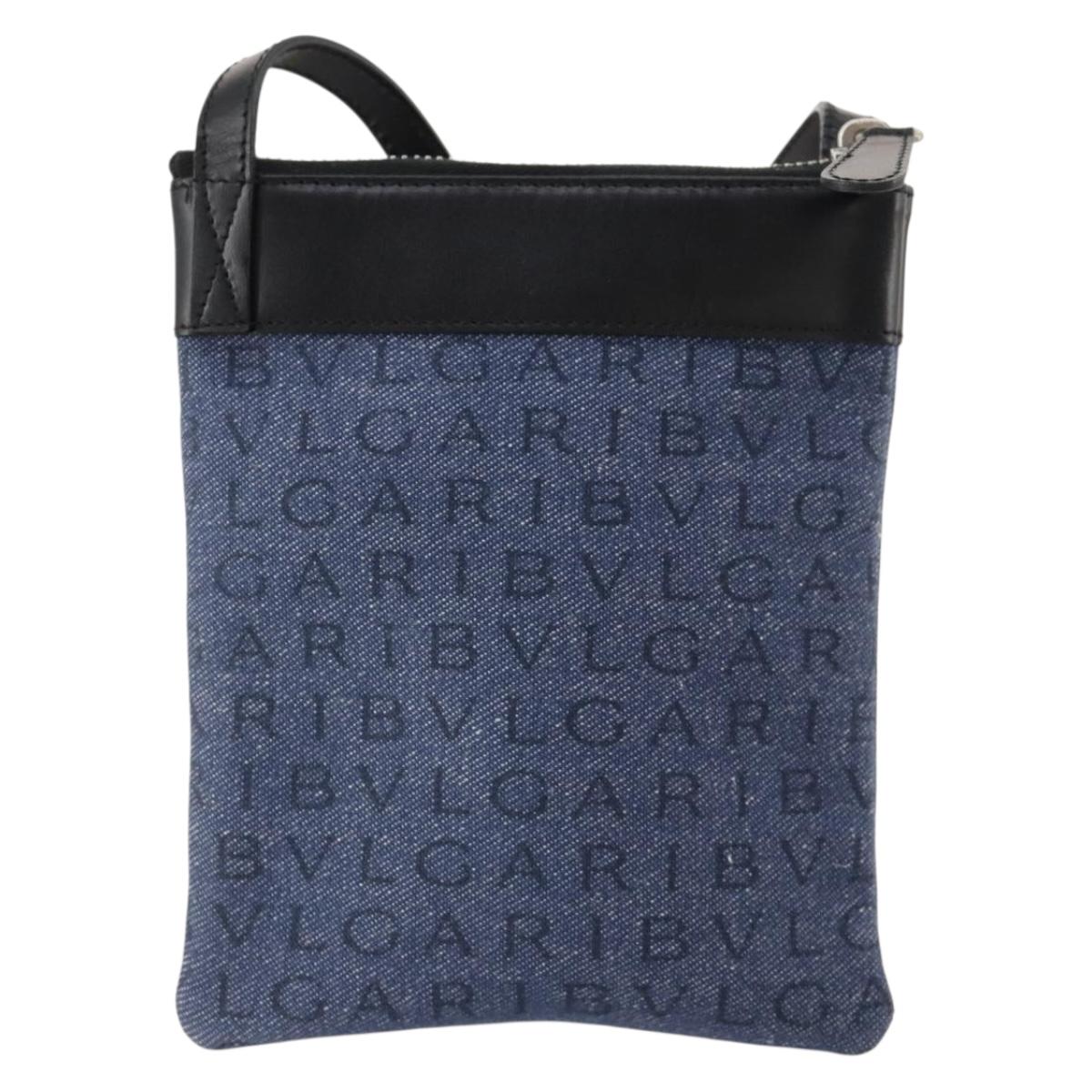 BVLGARI Shoulder Bag Denim Blue Silver Auth 166825