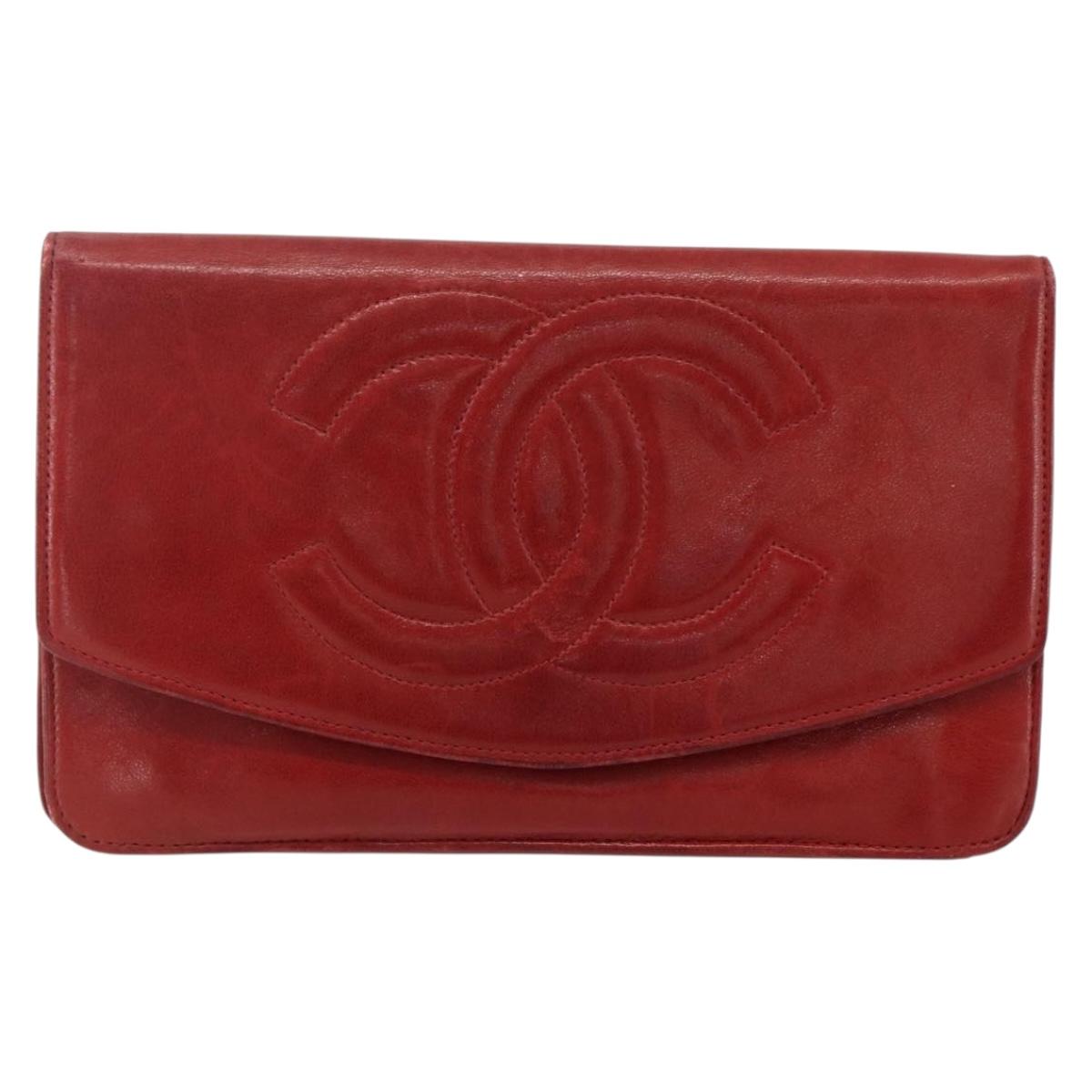 CHANEL Long Wallet Caviar Skin Red Gold CC Auth 166826