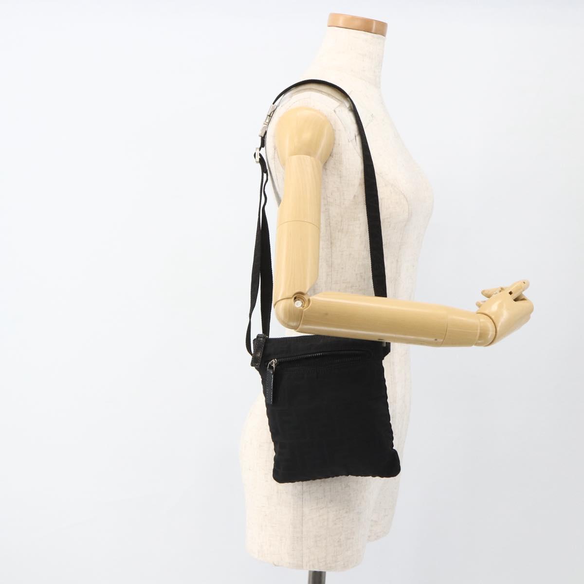 FENDI Zucca Canvas Shoulder Bag Black Silver Auth 166831