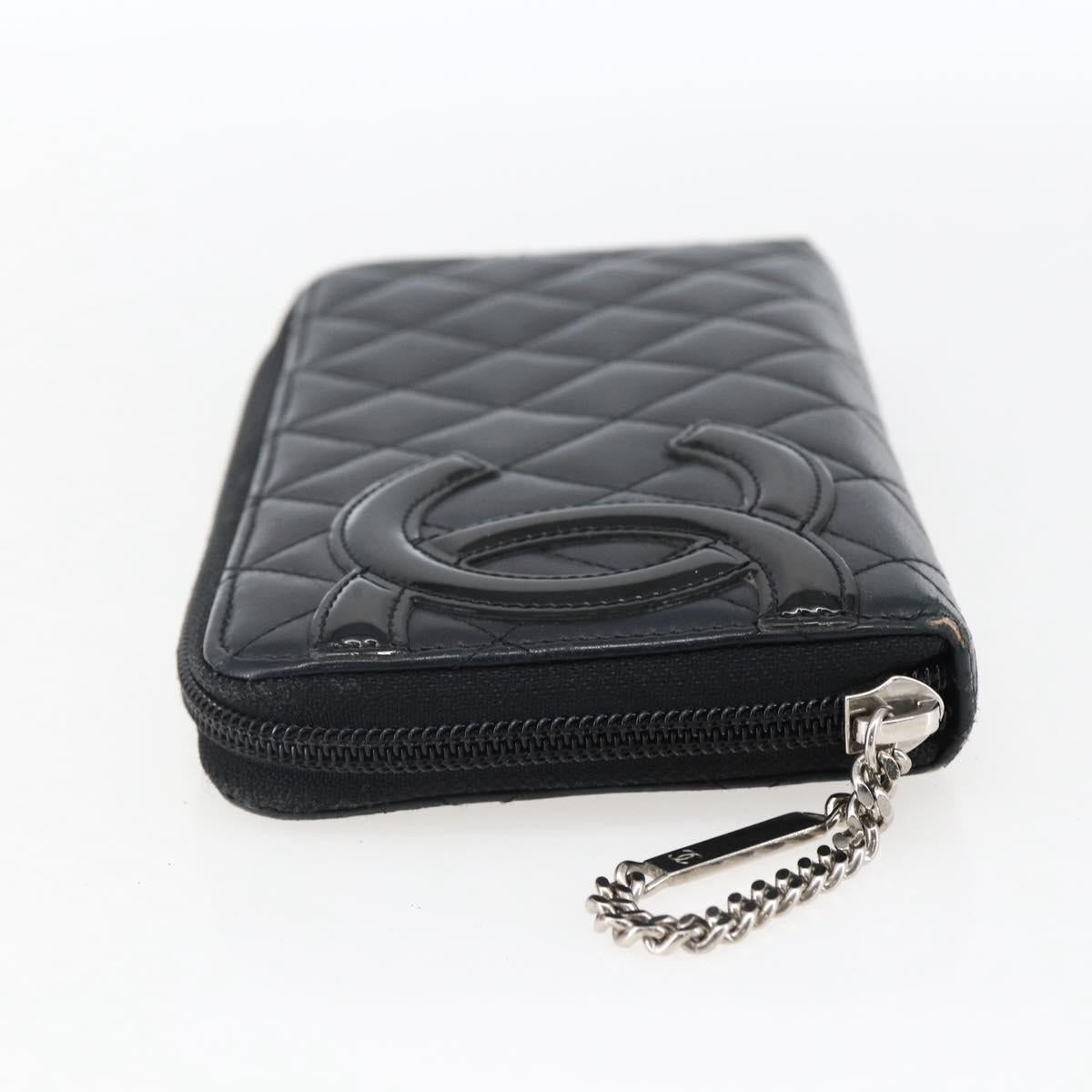 CHANEL Cambon Line Wallet Leather Black Silver CC Auth 166835