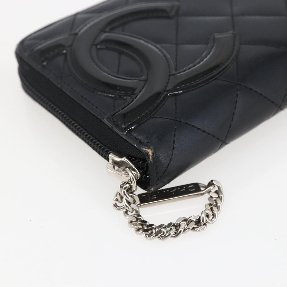 CHANEL Cambon Line Wallet Leather Black Silver CC Auth 166835