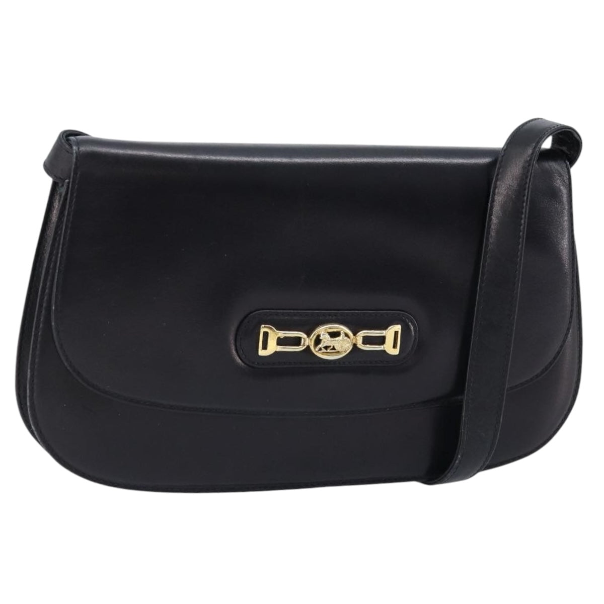 CELINE Shoulder Bag Leather Black Gold Auth 166854