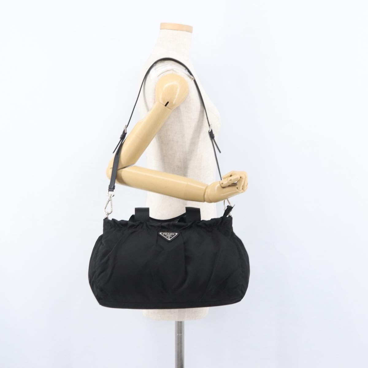 PRADA Hand Bag Nylon 2way Black Silver Auth 166856