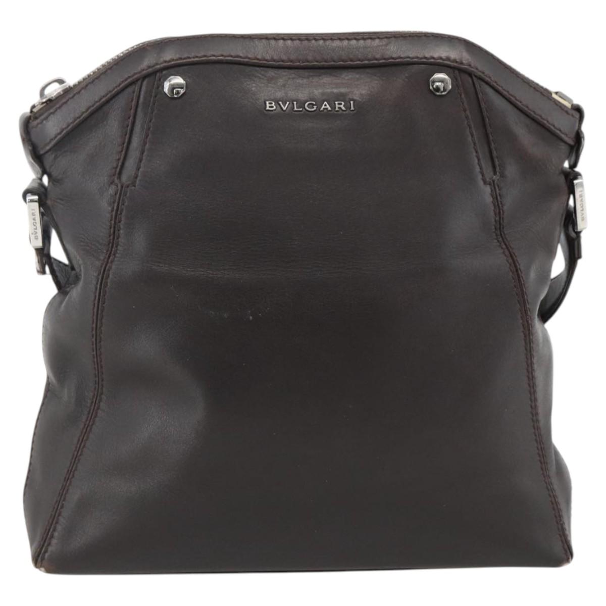 BVLGARI Shoulder Bag Leather Dark Brown Silver Auth 166883