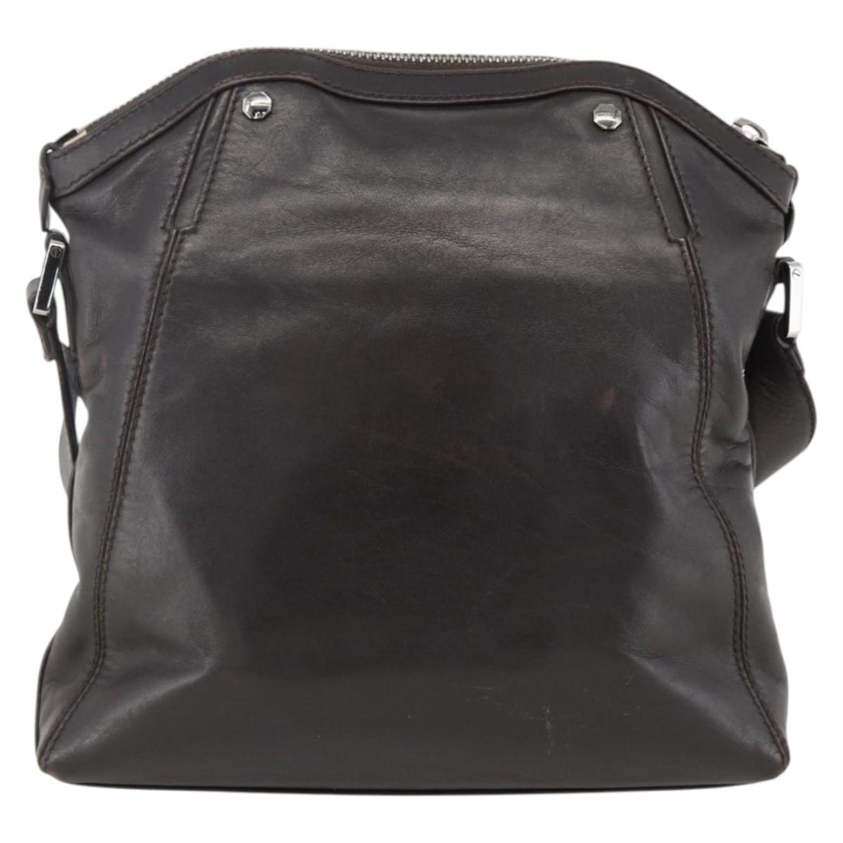BVLGARI Shoulder Bag Leather Dark Brown Silver Auth 166883