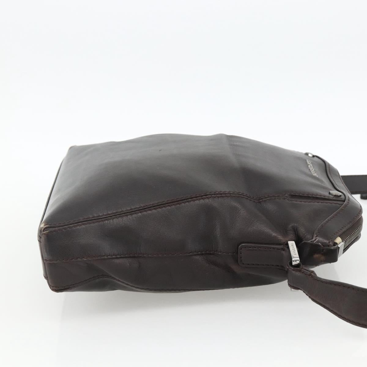 BVLGARI Shoulder Bag Leather Dark Brown Silver Auth 166883