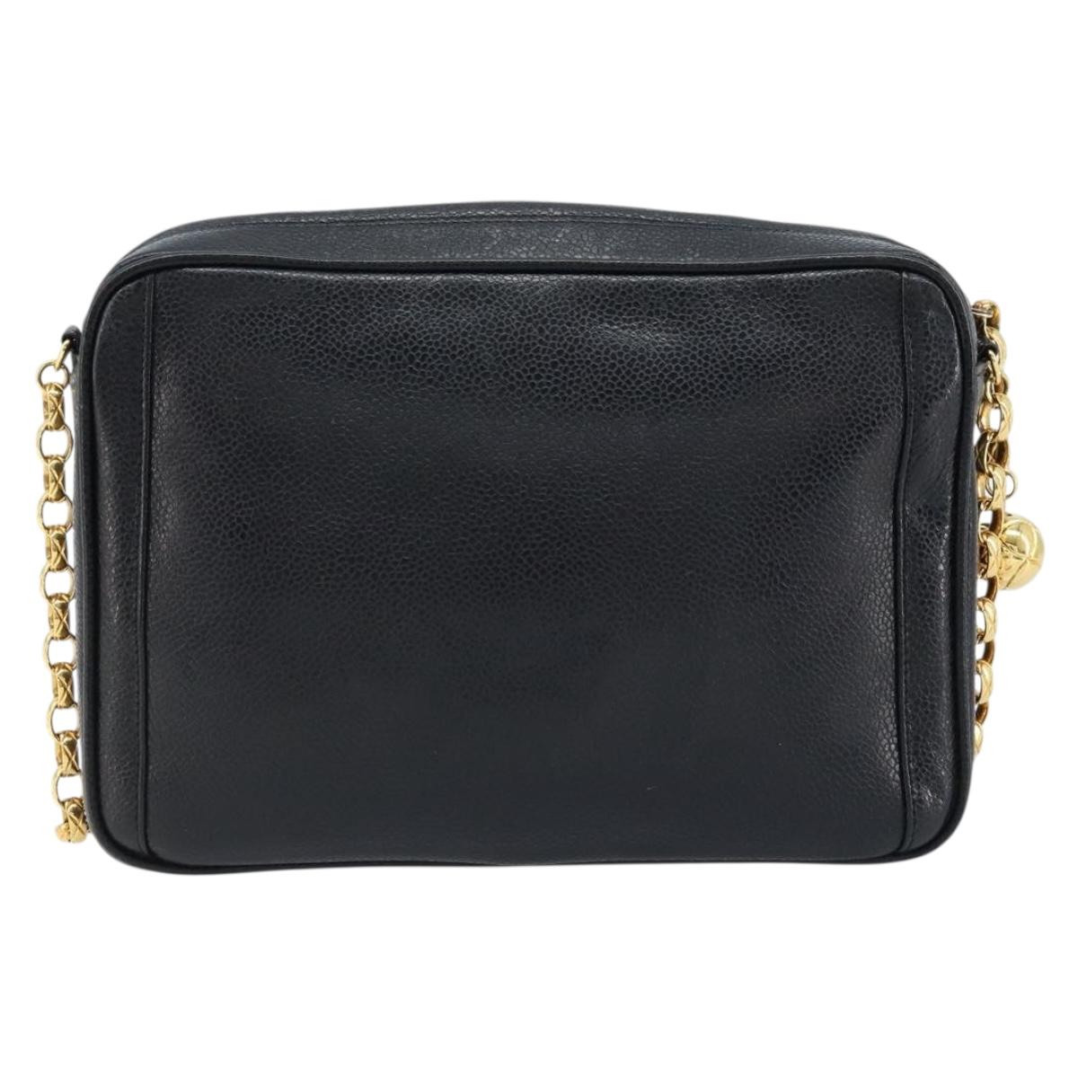 CHANEL Chain Shoulder Bag Caviar Skin Black Gold CC Auth 166896SAV
