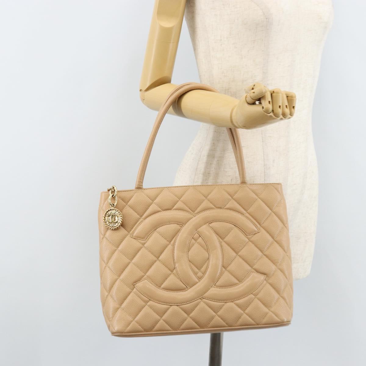 CHANEL Matelasse Reprint Tote Bag Caviar Skin Beige Gold CC Auth 166898SAV