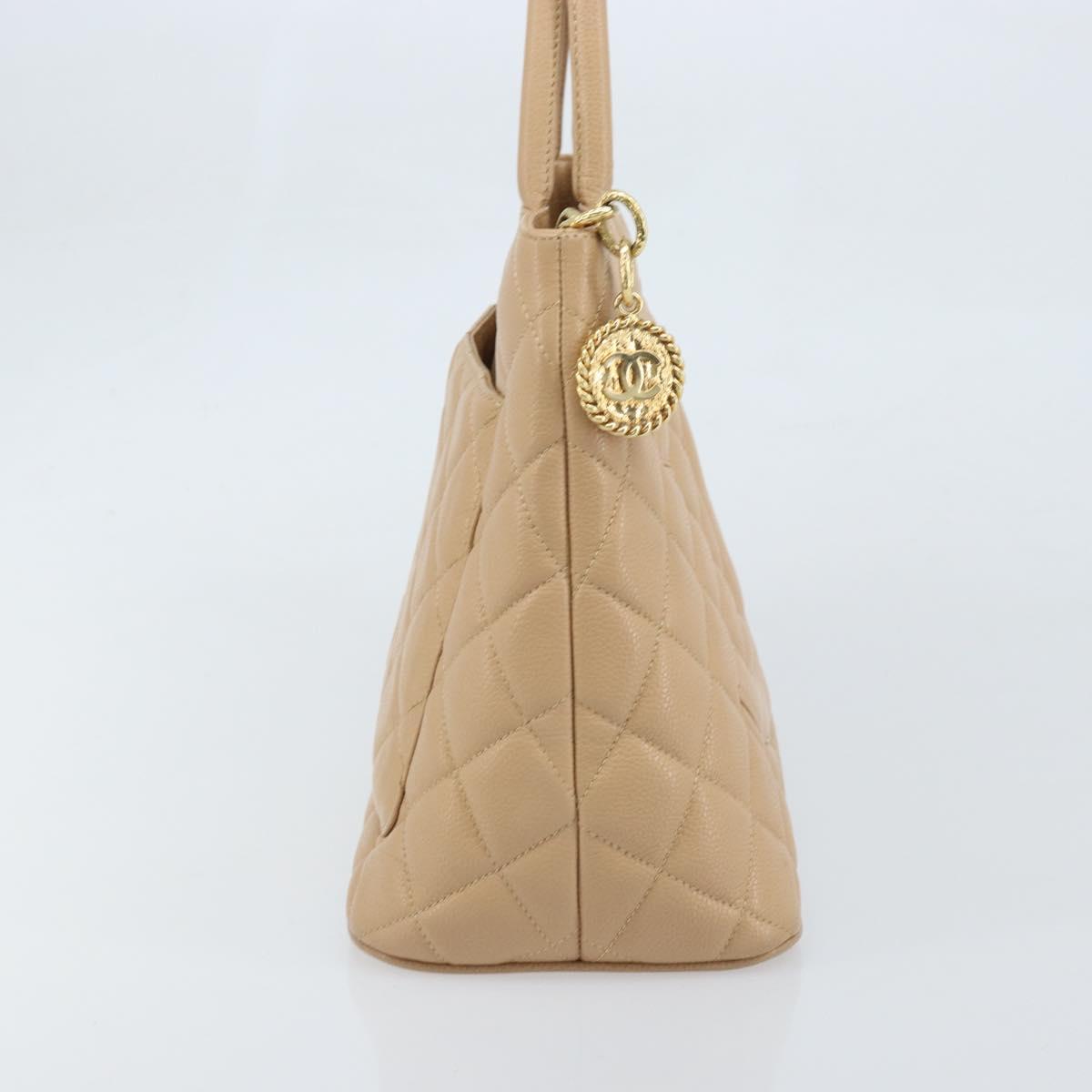 CHANEL Matelasse Reprint Tote Bag Caviar Skin Beige Gold CC Auth 166898SAV