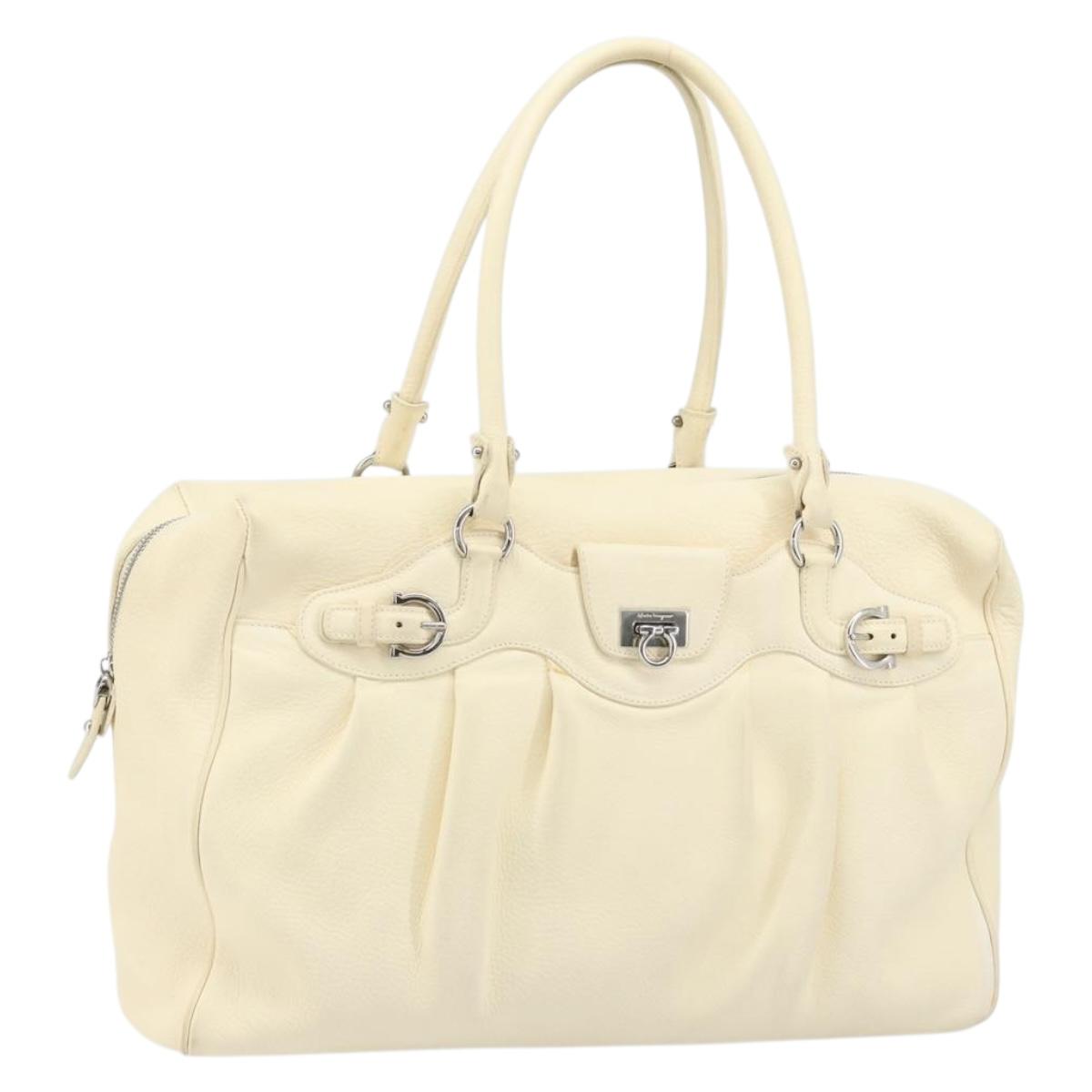 Salvatore Ferragamo Gancini Hand Bag Leather White Silver Auth 166988