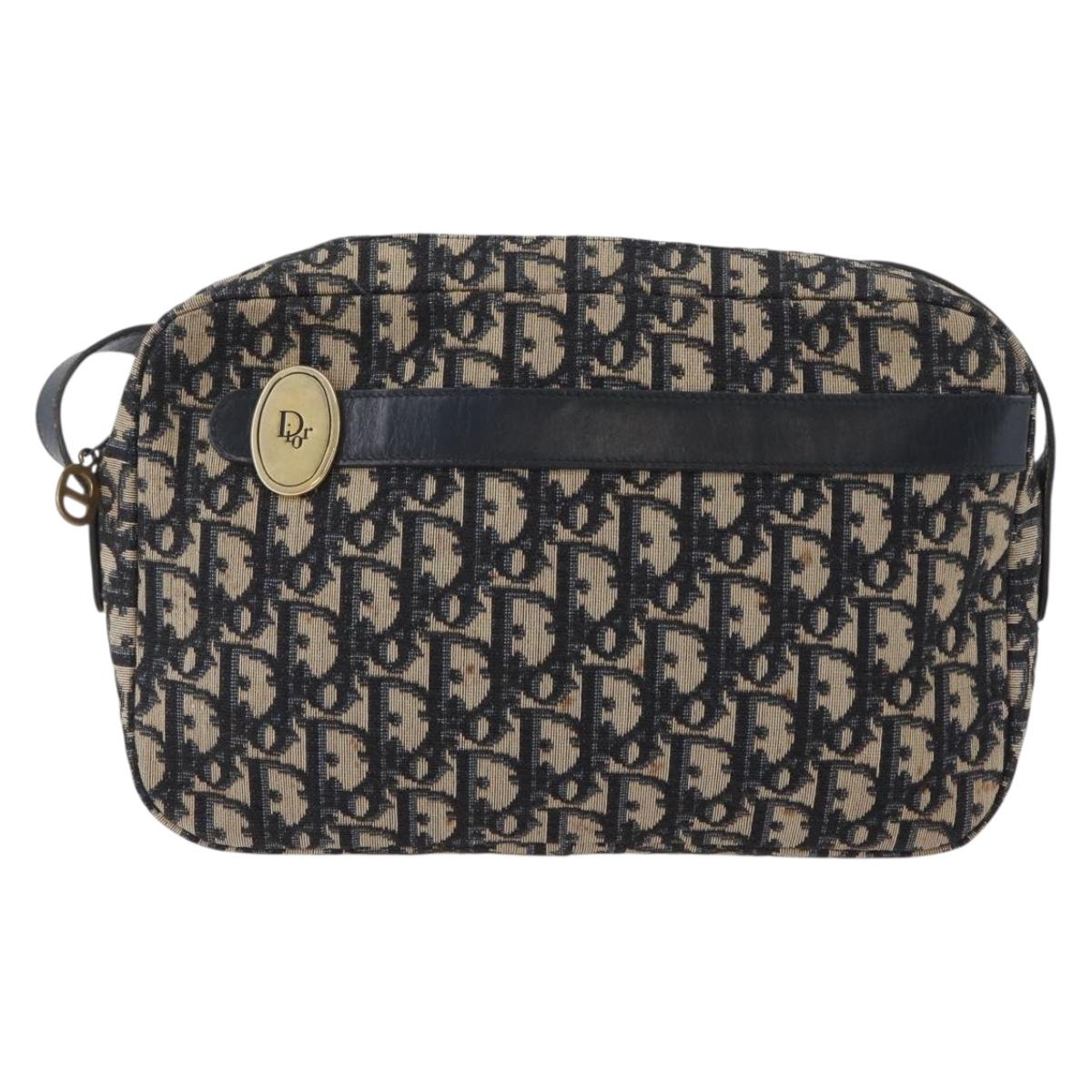 Christian Dior Trotter Canvas Shoulder Bag Navy Gold Auth 166990