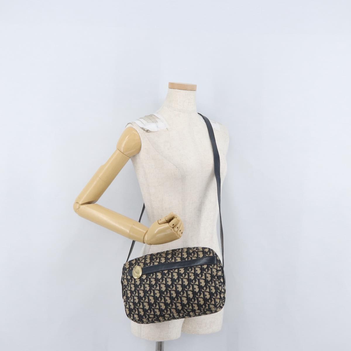 Christian Dior Trotter Canvas Shoulder Bag Navy Gold Auth 166990