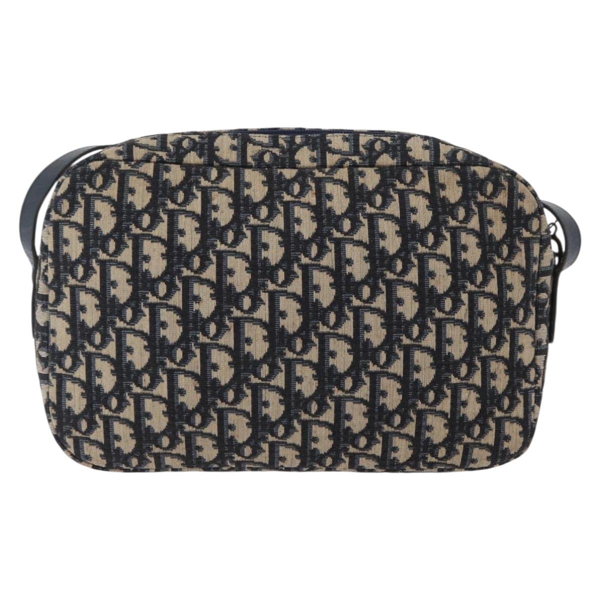Christian Dior Trotter Canvas Shoulder Bag Navy Gold Auth 166990