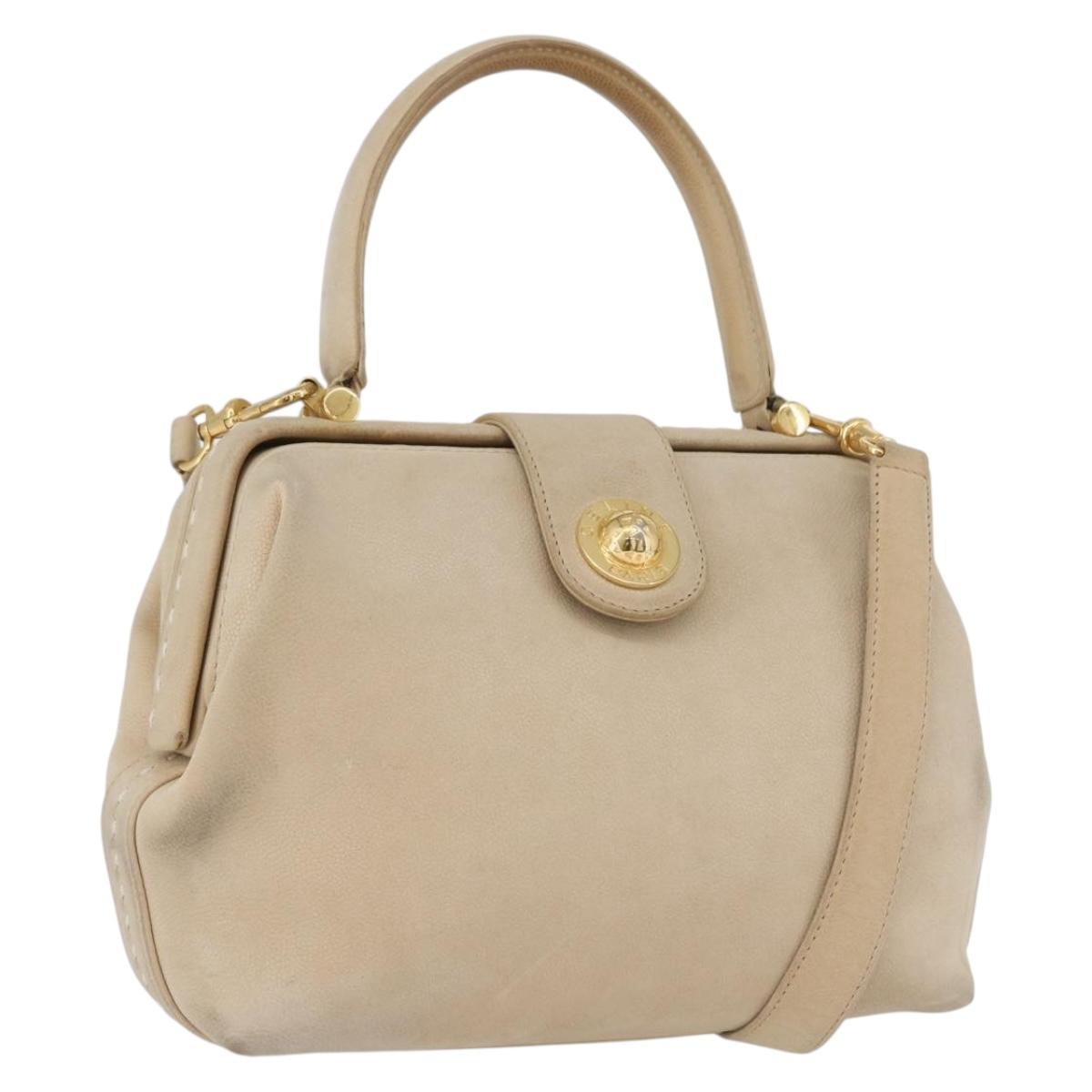 CELINE Hand Bag Leather 2way Beige Gold Auth 166991
