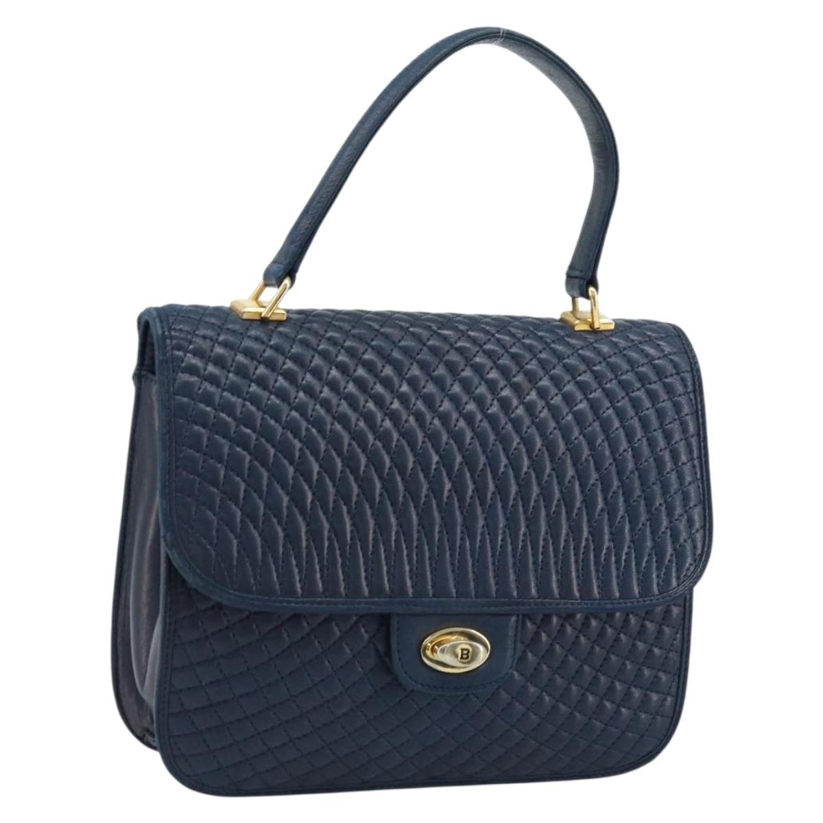 BALLY Hand Bag Leather Navy gold Auth 166993