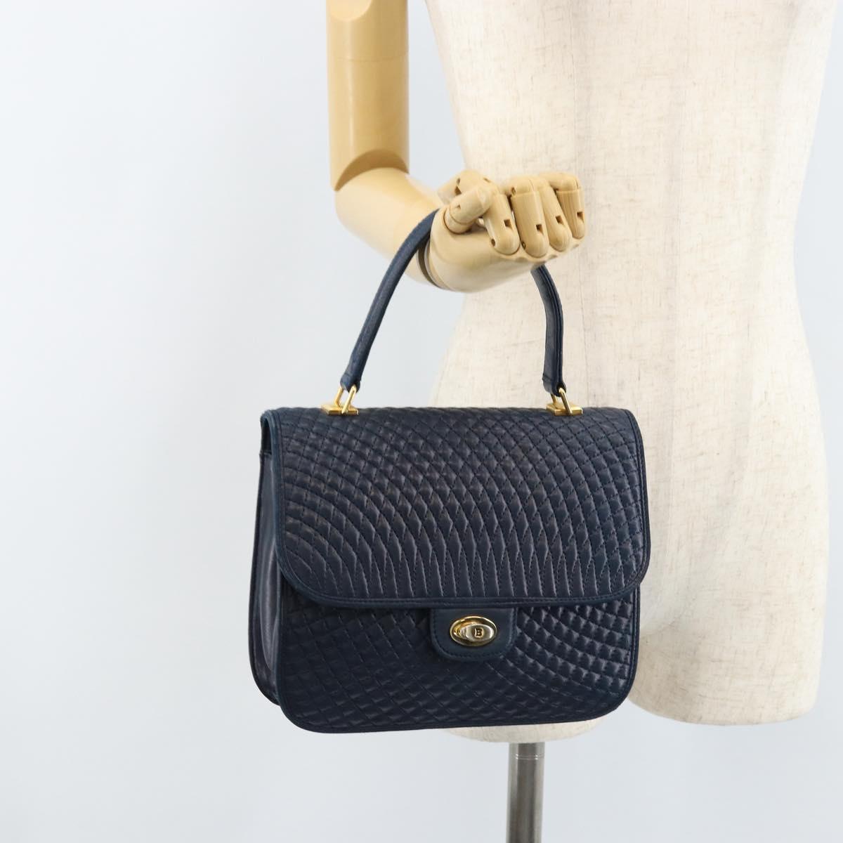 BALLY Hand Bag Leather Navy gold Auth 166993