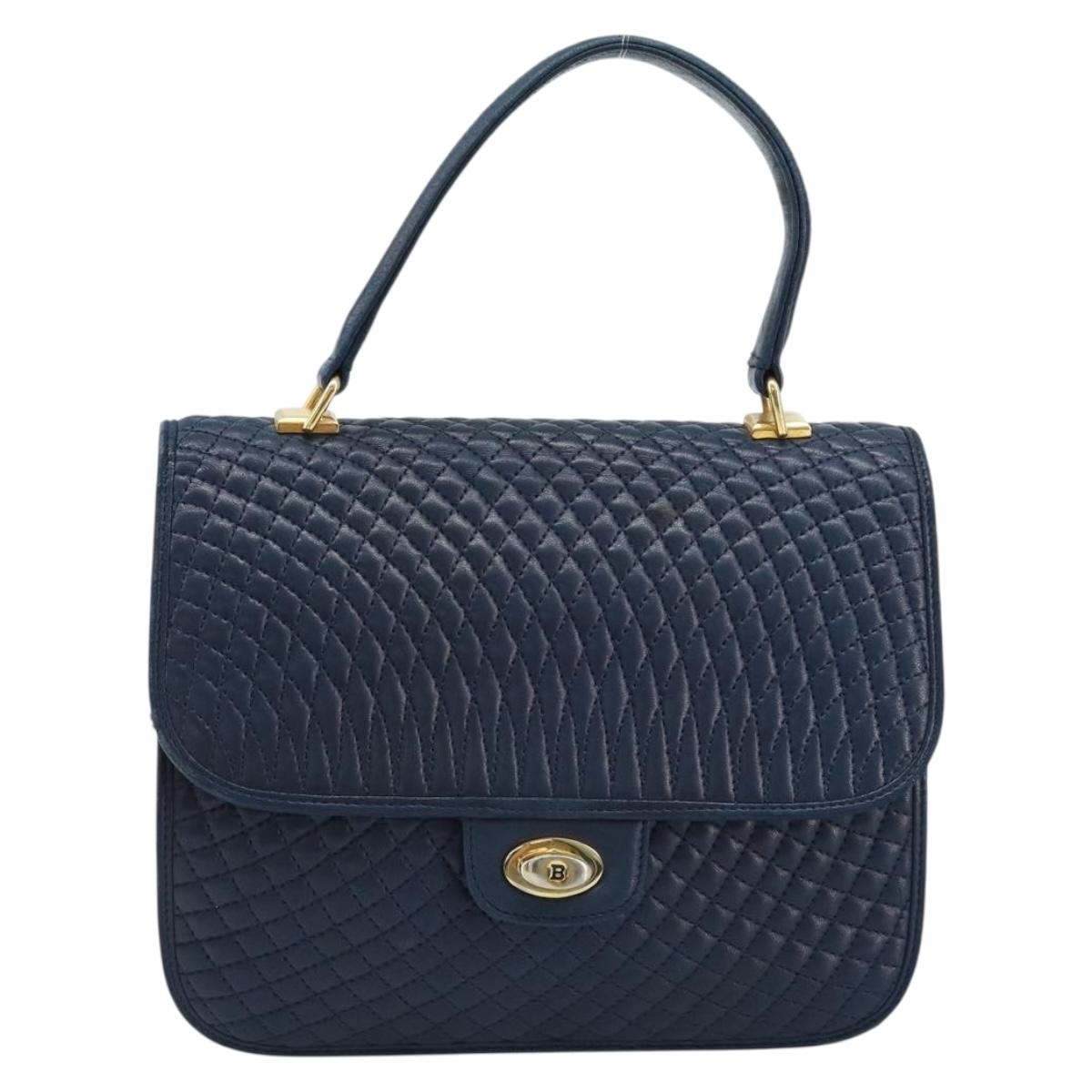 BALLY Hand Bag Leather Navy gold Auth 166993