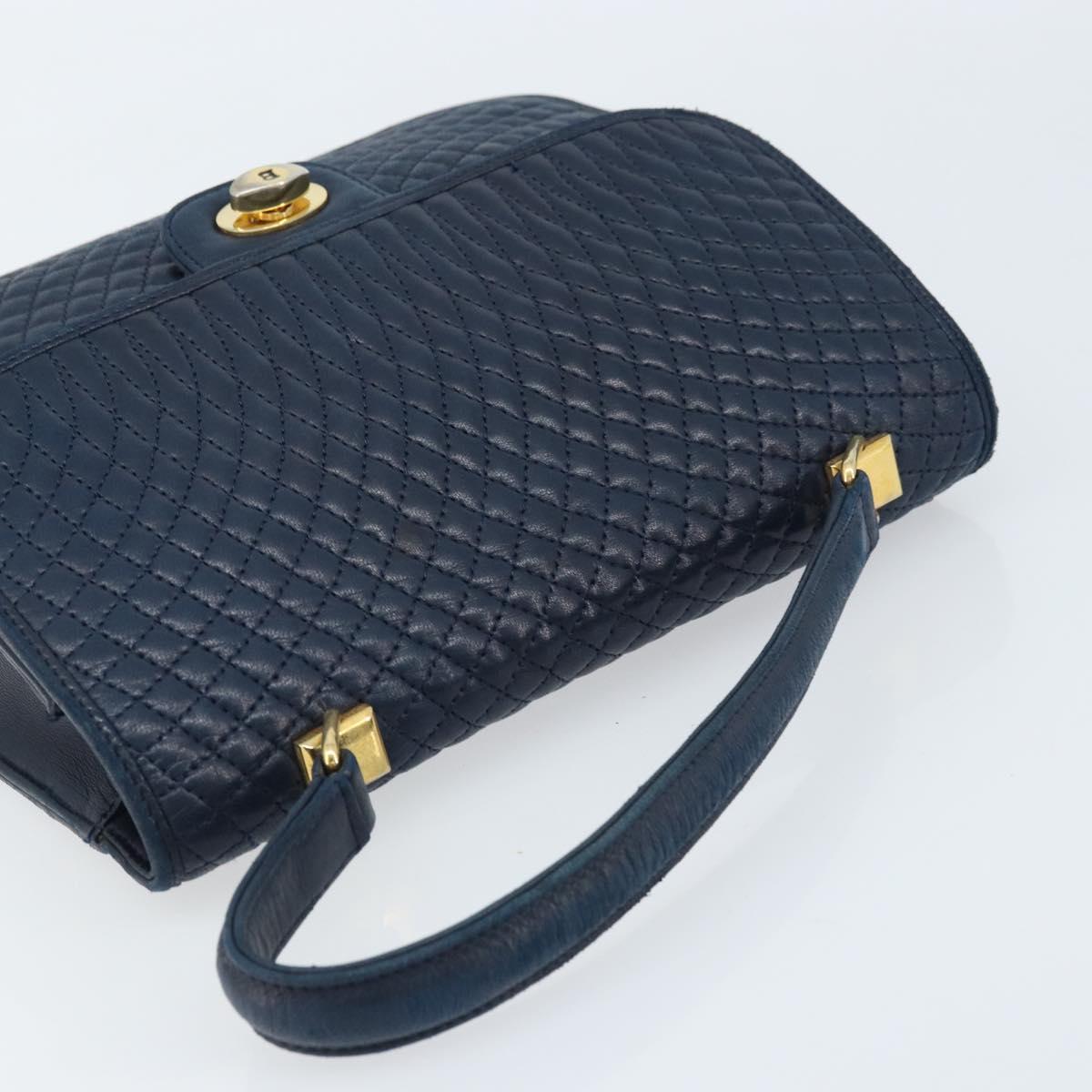 BALLY Hand Bag Leather Navy gold Auth 166993