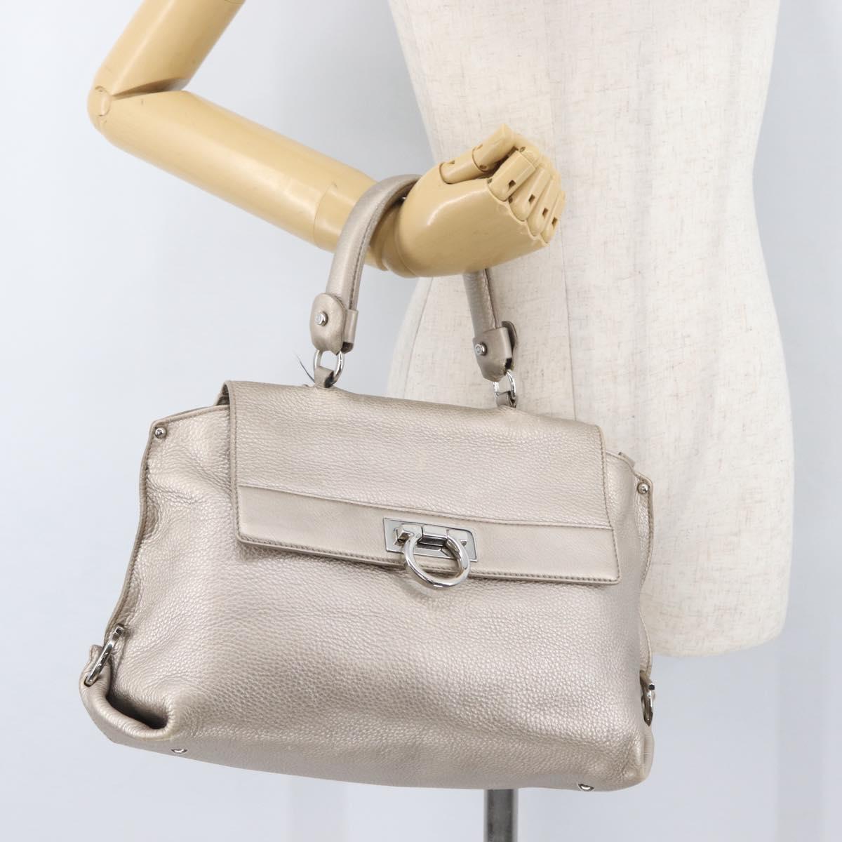 Salvatore Ferragamo Gancini Sofia Hand Bag Leather Beige Silver Auth 166994A