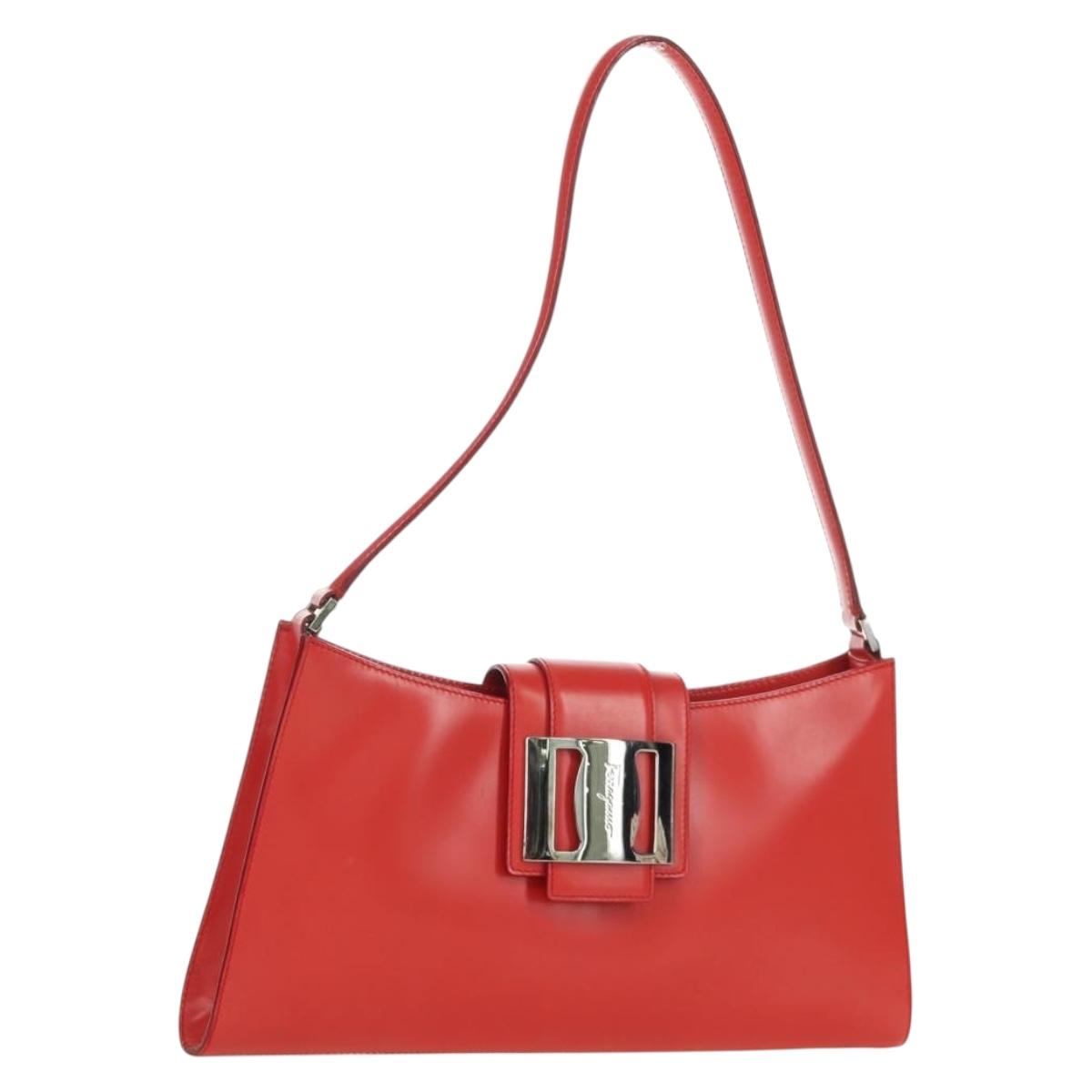 Salvatore Ferragamo Shoulder Bag Leather Red Silver Auth 166996A