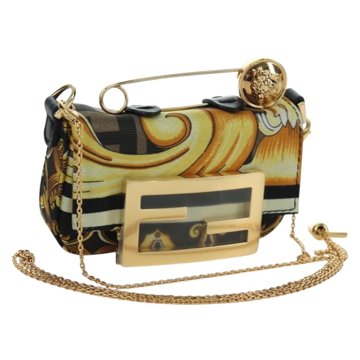 FENDI ﾃ VERSACE FENDACE Mamma Baguette Pouch Nylon Black Gold Tone Auth 166998SM
