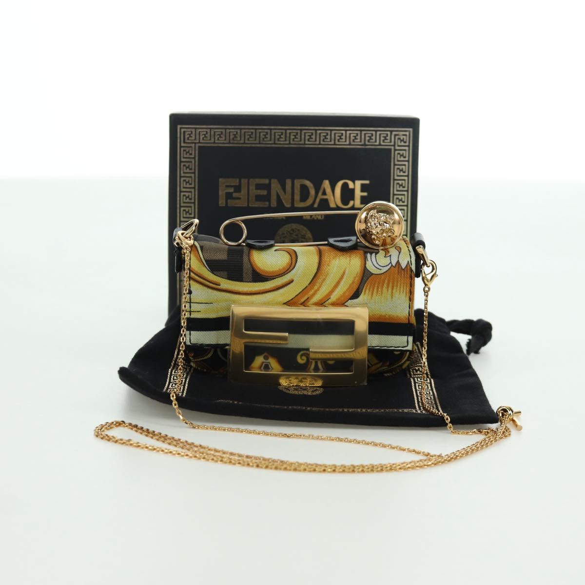 FENDI ﾃ VERSACE FENDACE Mamma Baguette Pouch Nylon Black Gold Tone Auth 166998SM