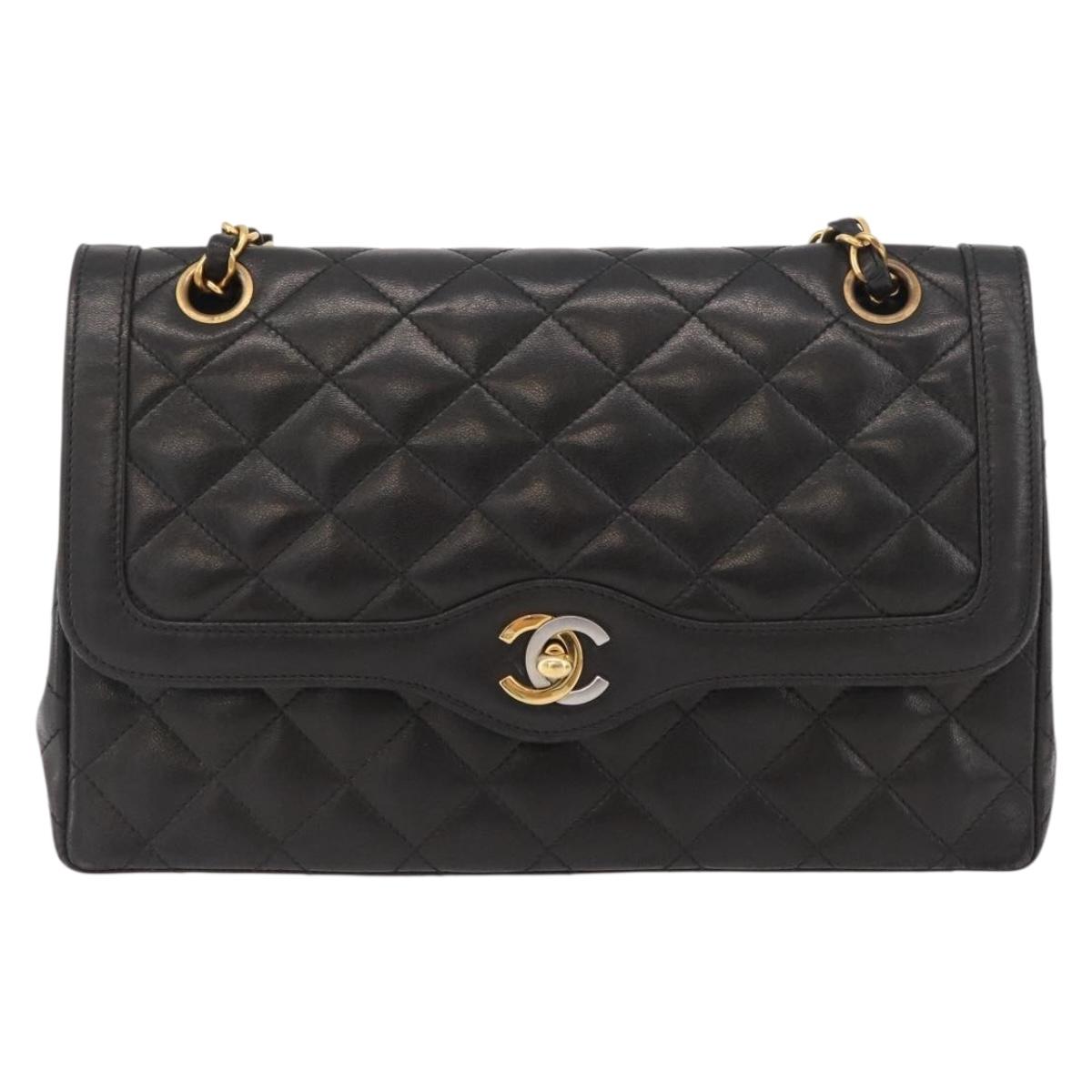 CHANEL Matelasse Bag Lamb Skin Paris limited model Black CC Auth 167175SM