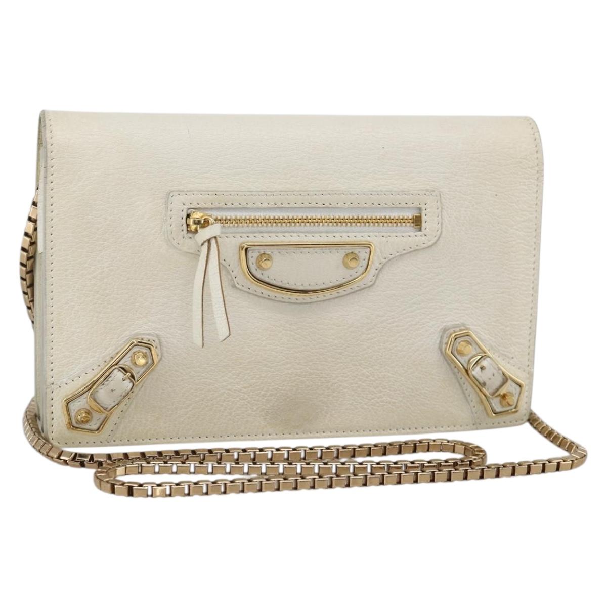BALENCIAGA Chain Wallet Leather White Gold 444169 Auth 167209A