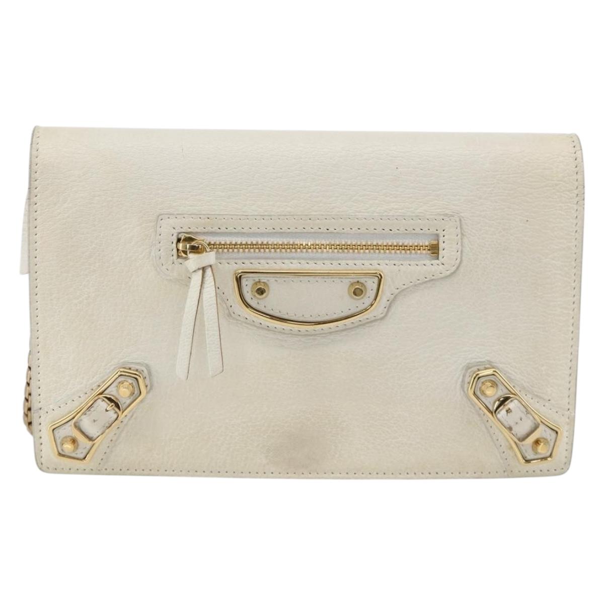 BALENCIAGA Chain Wallet Leather White Gold 444169 Auth 167209A