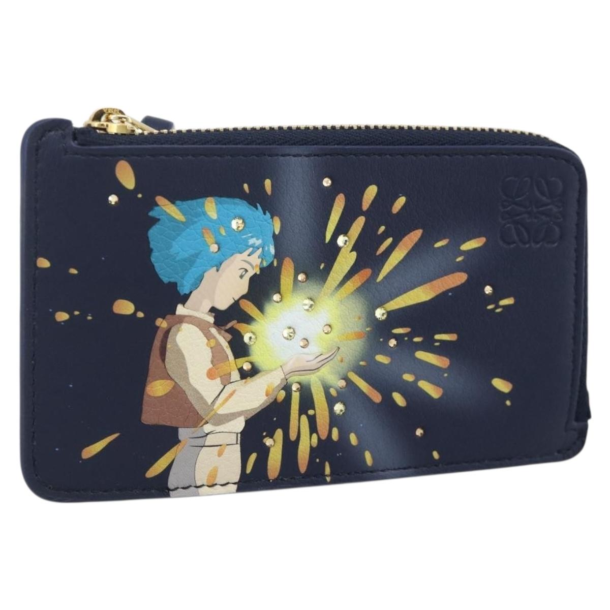 LOEWE × Ghibli Howl's Moving Castle Coin Card Holder Leather Navy Auth 167256SM
