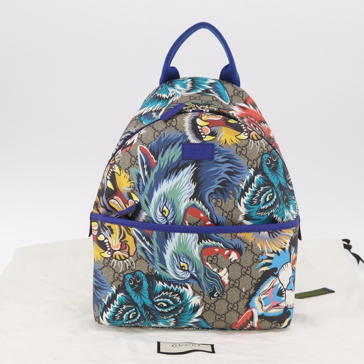 GUCCI GG Supreme Animal Print Backpack PVC Beige Silver 271327 Auth 167427SM