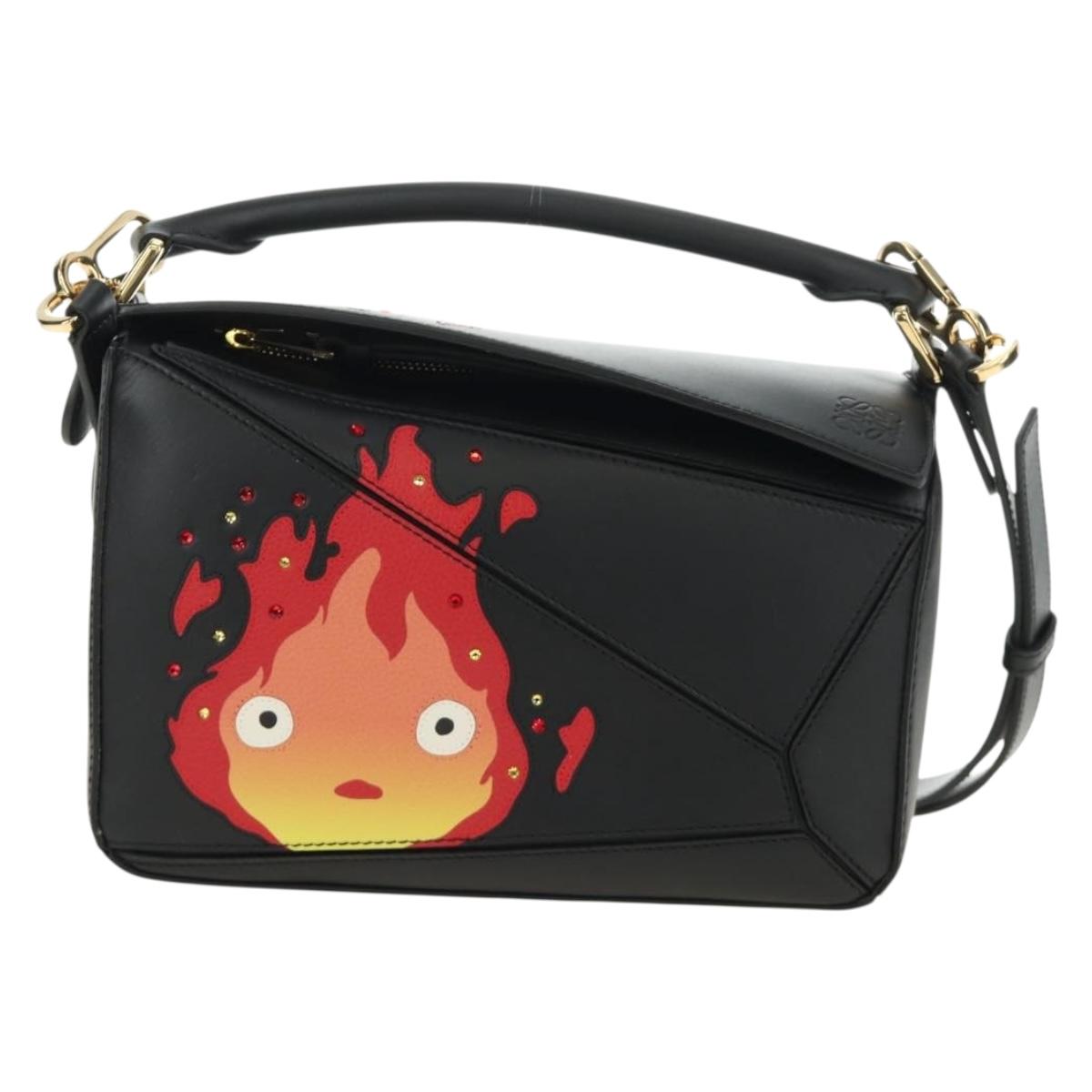 LOEWE × Studio Ghibli Puzzle Bag Calcifer Hand Bag Leather Black Auth 167439SM