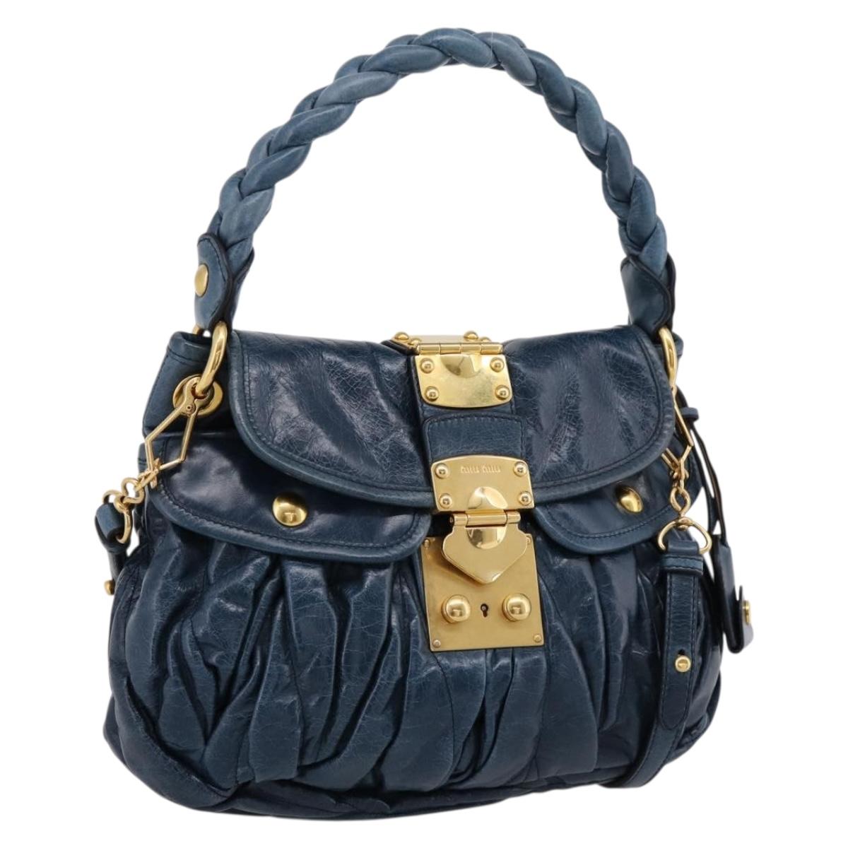 Miu Miu Matelasse Hobo Hand Bag Leather Blue Gold Tone Auth 167573V