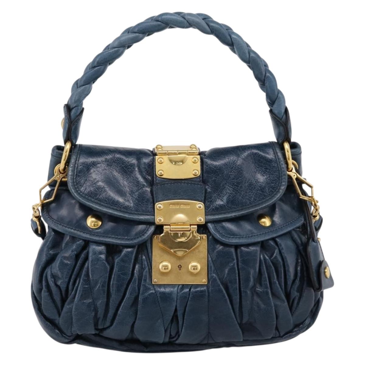 Miu Miu Matelasse Hobo Hand Bag Leather Blue Gold Tone Auth 167573V