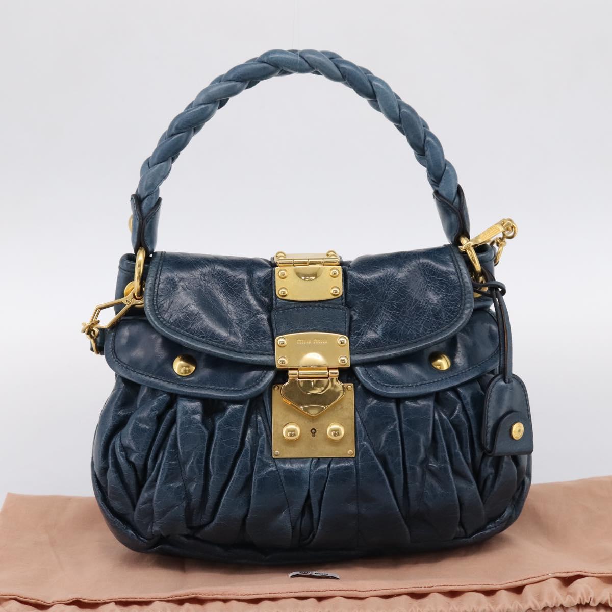 Miu Miu Matelasse Hobo Hand Bag Leather Blue Gold Tone Auth 167573V